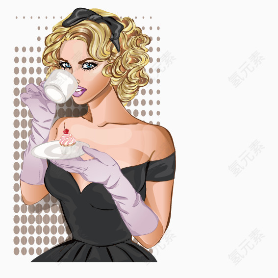 喝咖啡吃蛋糕的美女