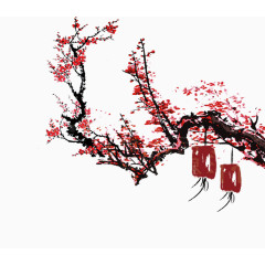 红色水墨梅花灯笼免费素材下载