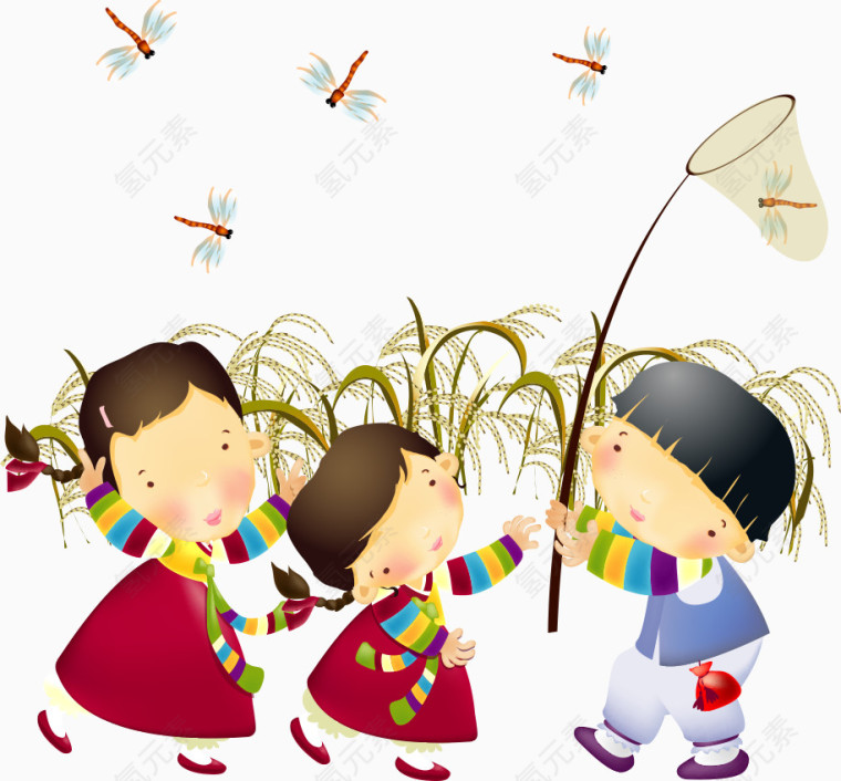 捕捉蜻蜓的卡通儿童