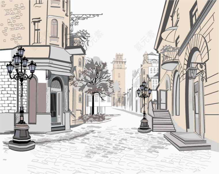 手绘古老街道