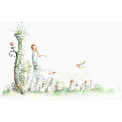 创意花瓶建筑与卡通女孩
