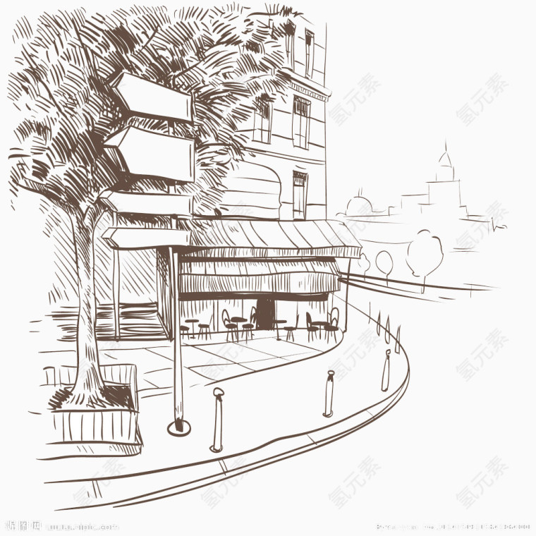 手绘欧式建筑指路牌