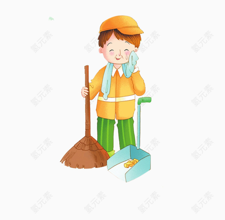 擦汗珠的扫地工人