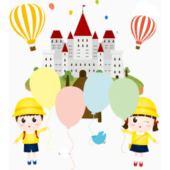 城堡前的卡通学生