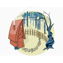 卡通手绘树林房屋篱笆石路