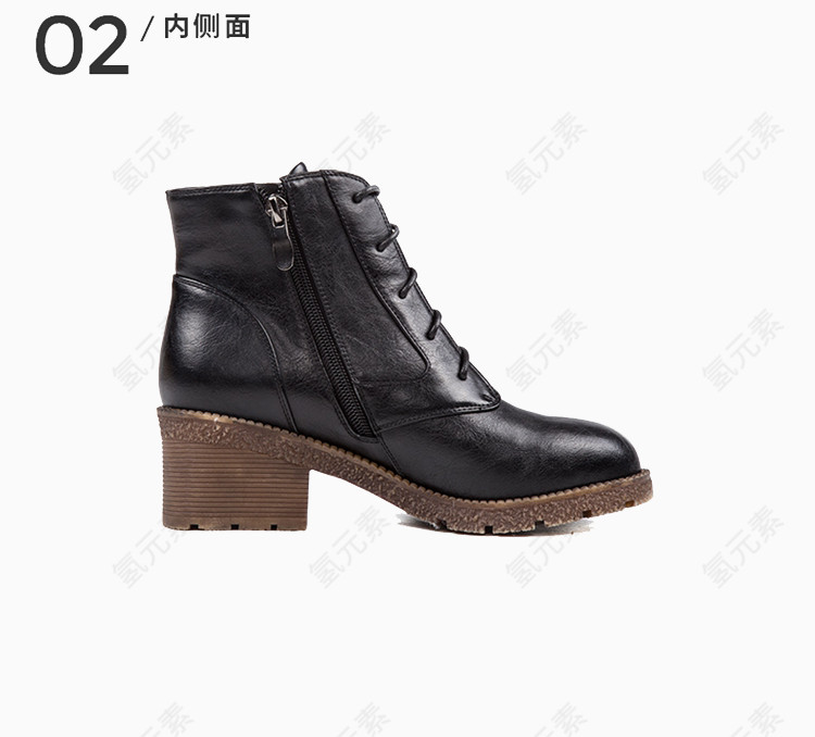 印花系带棕色中跟马丁靴内侧面