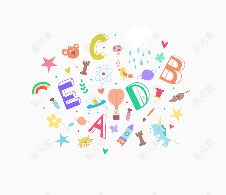 矢量彩色英文字符事物想象