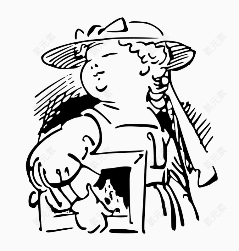 手绘的卡通戴帽子拿画的女孩