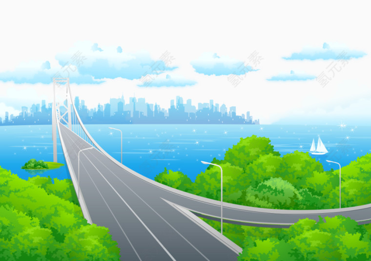 卡通手绘海上桥梁城市建筑树木
