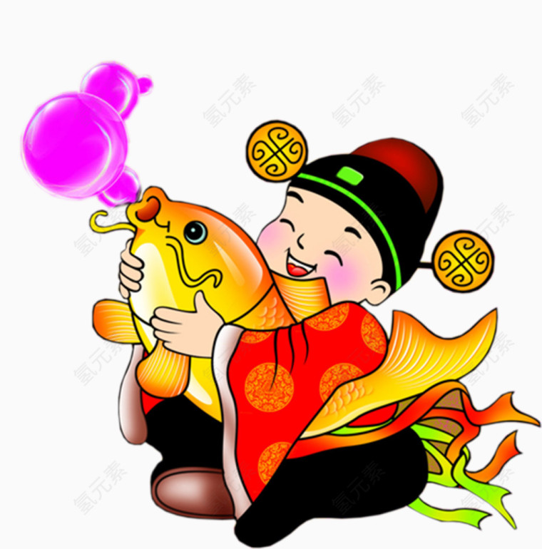 小福神怀抱金色鲤鱼年年有余