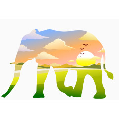 大象图形草原落日背景矢量图