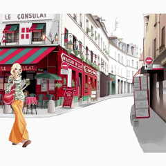 手绘欧式街道上的时尚女孩