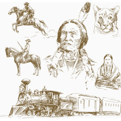 矢量手绘印第安人火车