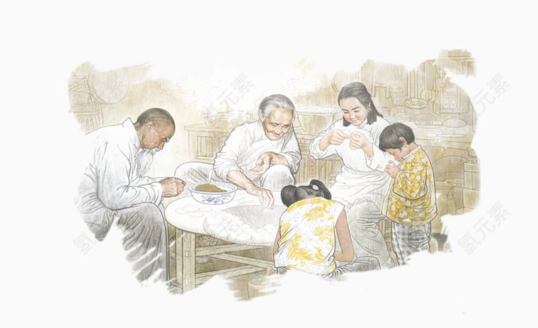 包饺子的一家人