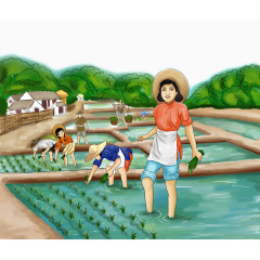 卡通手绘插秧的人物