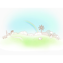 手绘彩虹下的城市