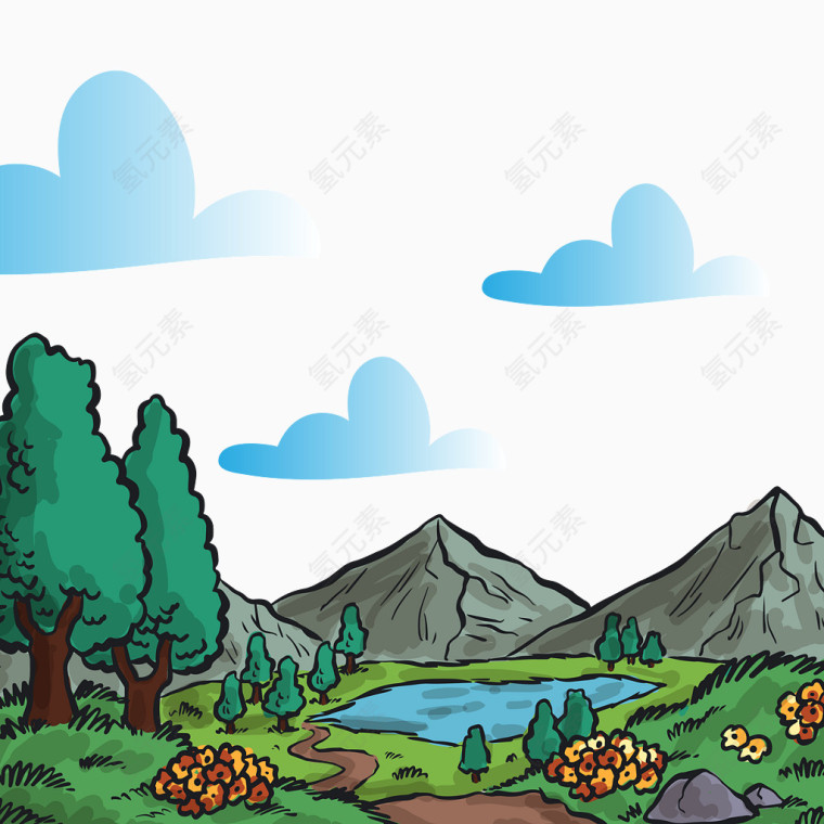 矢量水彩山水风景图