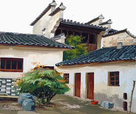 手绘青瓦白墙的建筑