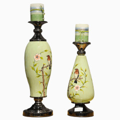 草绿色简约手绘花鸟图案玻璃烛台美式家居新婚软装饰品