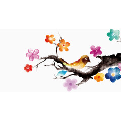 水彩树枝上的小鸟