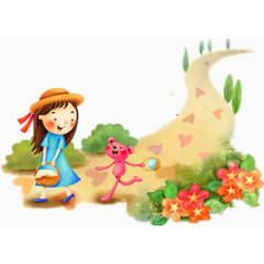 手提竹篮色小女孩