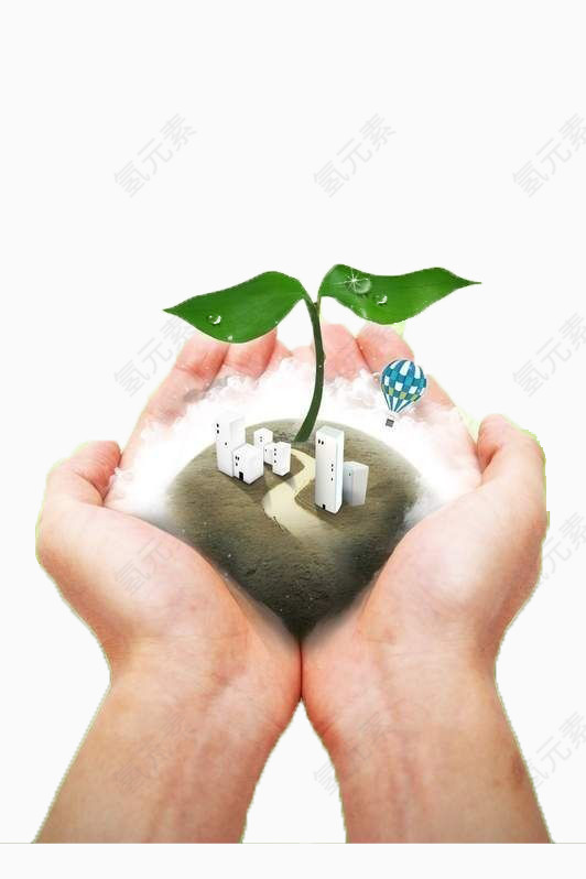 手捧绿植呵护下的城市