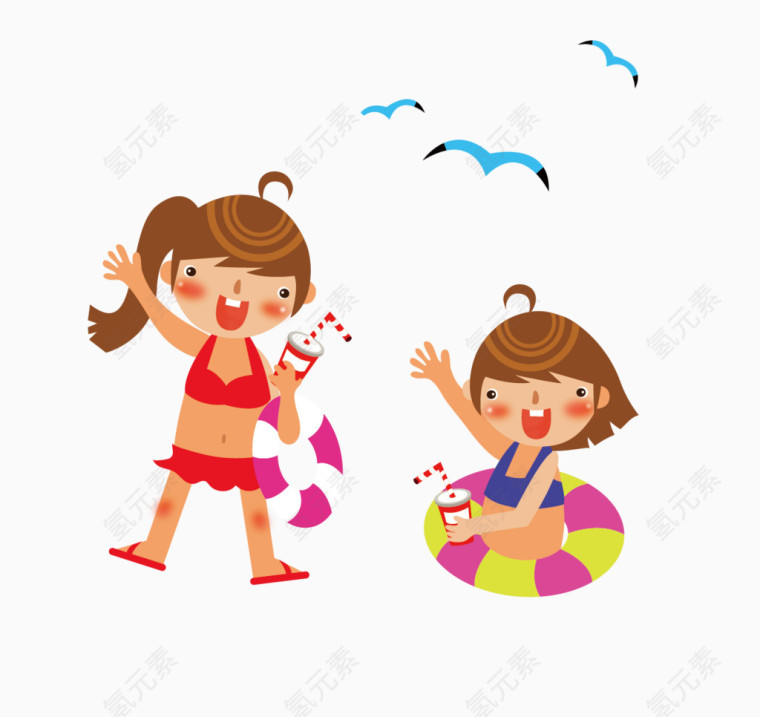 海鸥和在海边游泳的女孩