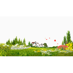 房屋松树花草背景素材