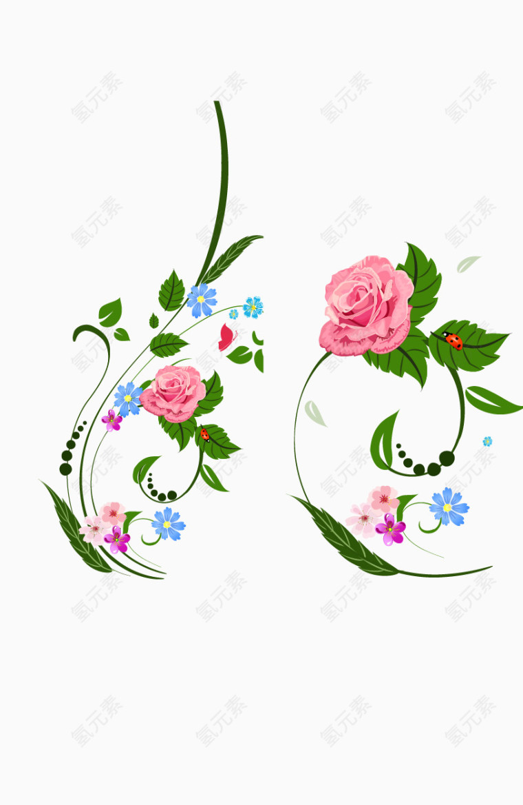 矢量粉色绿叶玫瑰花鲜花唯美图案