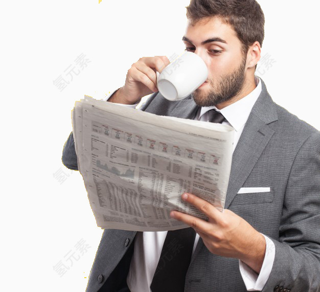 员工喝咖啡一边看报纸