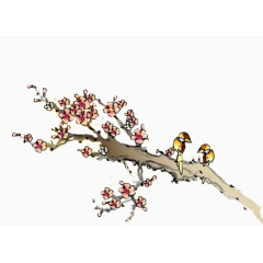 中国画粉色梅花树枝小鸟
