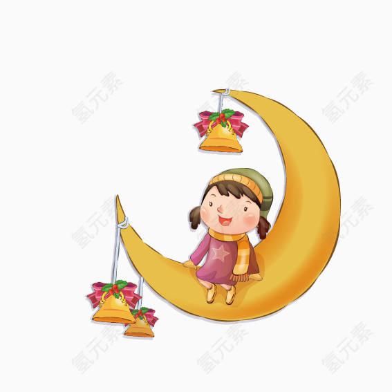 坐在圣诞月亮上的小女孩