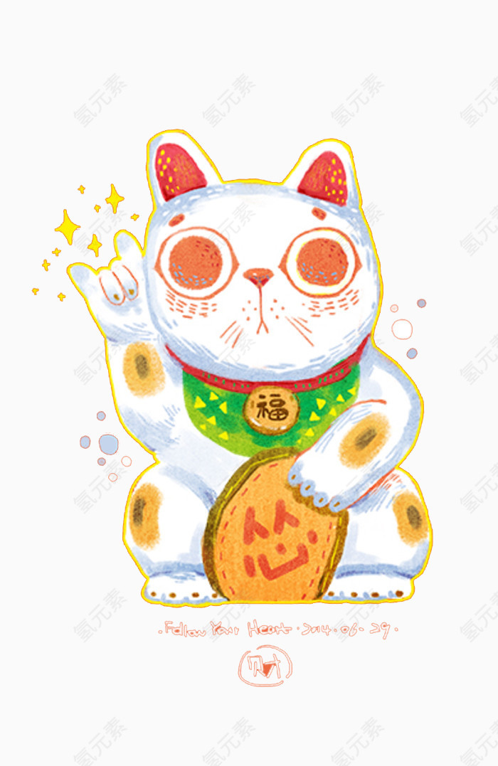 清新可爱儿童手绘蜡笔插画招财猫