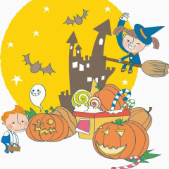 城堡前的男孩女孩和南瓜灯