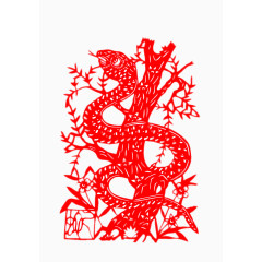 蛇缠树枝的红色剪纸