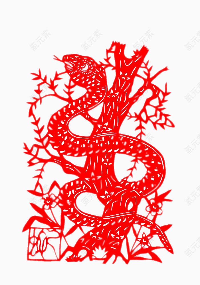 蛇缠树枝的红色剪纸
