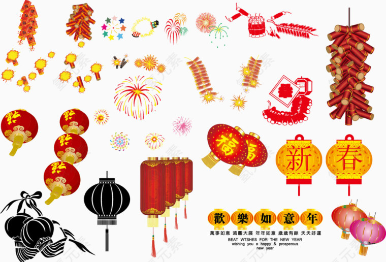 灯笼烟花爆竹经典新年春节元素矢量素材