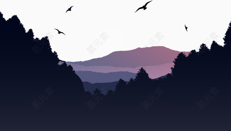 朝霞的山脉森林背景矢量图