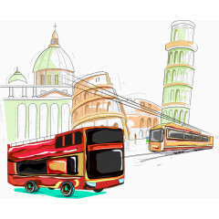 矢量红色巴士与罗马斗兽场