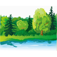 卡通绿树湖水
