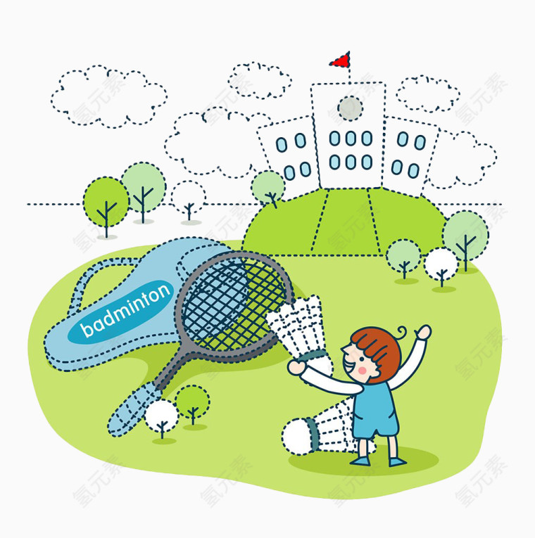 绿色手绘羽毛球运动