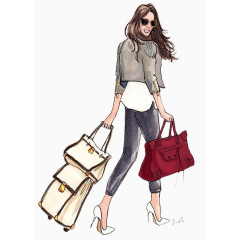手绘拖着行李的美女