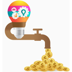 创意灯泡水龙头流出金币矢量图