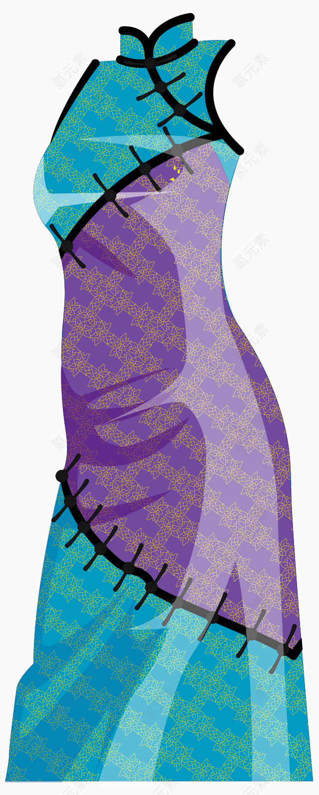 矢量手绘蓝色旗袍