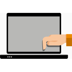 矢量卡通手指点击笔记本电脑平视图