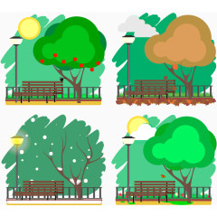 4款四季树下的长椅风景矢量图