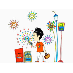 手绘卡通人物玩手机