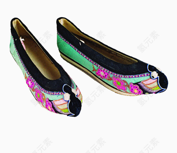 满族绿色天足平底旗袍鞋子