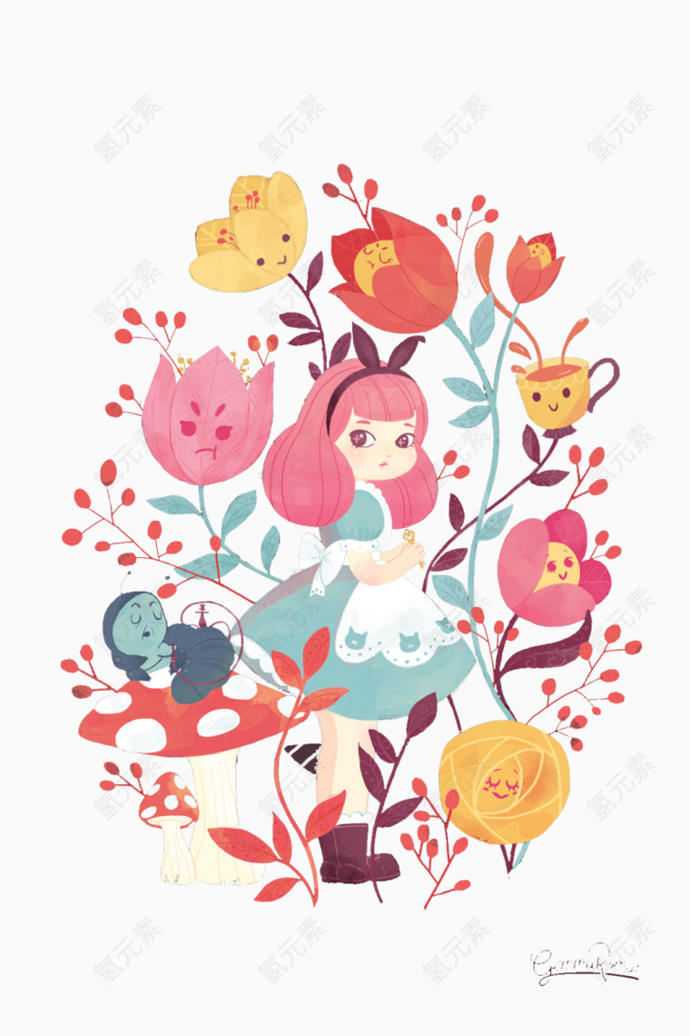 手绘可爱女孩花朵