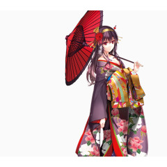 撑伞穿和服的手绘女子